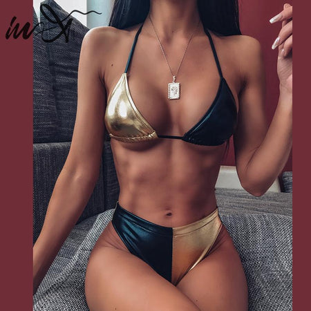 Bikini sólido Sexy para Mujer, bañador de cintura alta, última novedad