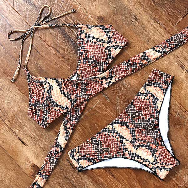 Leopard Swimsuit Snake Print Bikini Sexy Cross Bandage Bathing