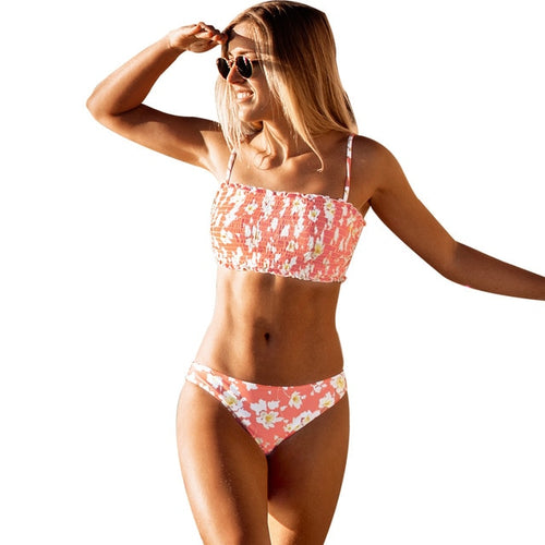 Pink Floral Smocked Bandeau Top Low-Waitsed Bikini Sexy Swimsuit