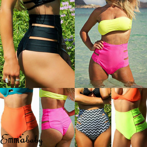 Women Vintage Bikini Panties High Waist Swimwear Bottom Solid Side